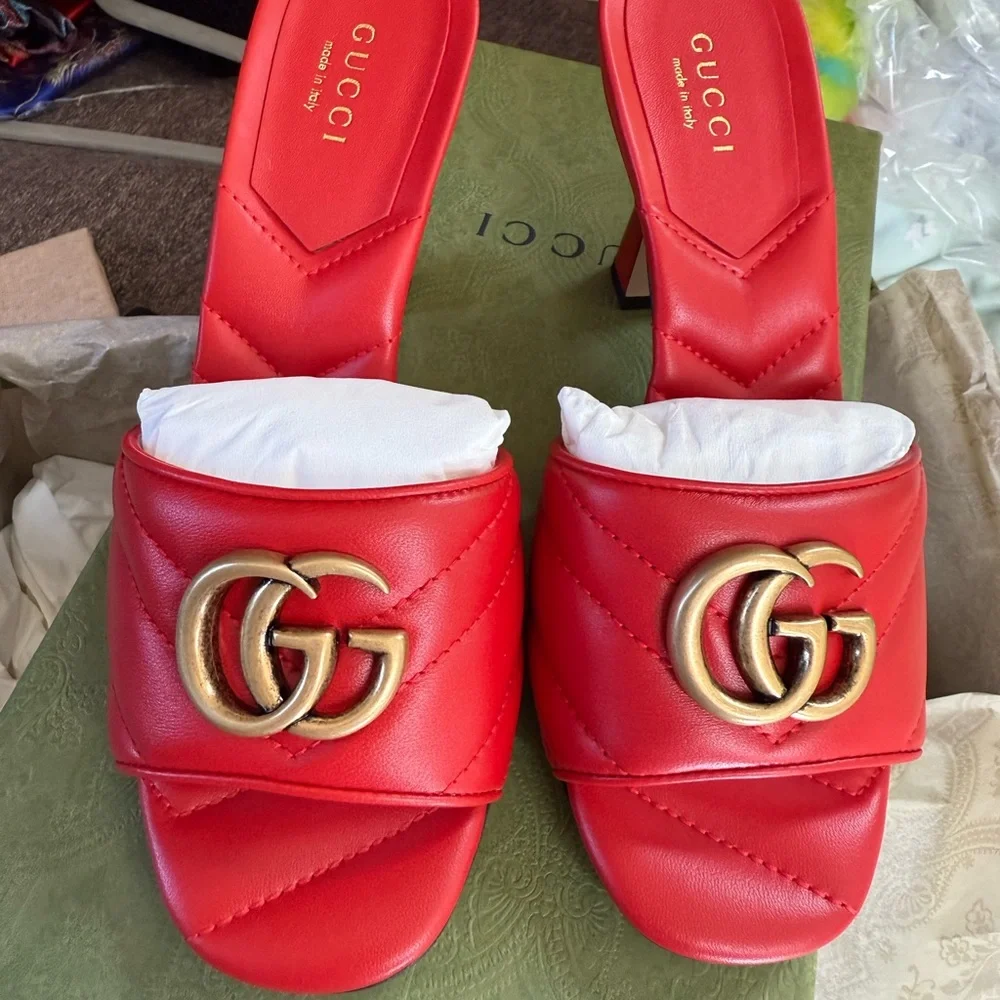 Gucci Red Quilted Leather Slide Sandals with Double G Hardware size 35 - Picture 2 of 13